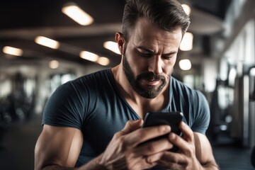 Obraz premium man using a mobile phone in the gym
