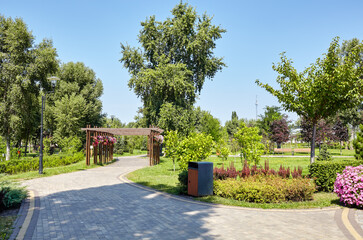 Pathway surrounded by trees and ornamental shrubs in Kyiv, Europe. Recreation place in the city park