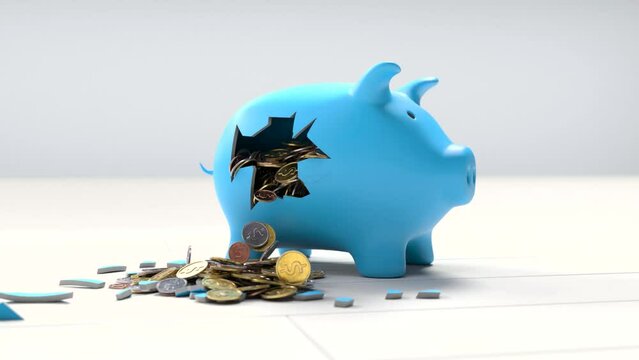 The Piggy Bank Broke And Golden Coins Flowed Out, Saving Money Concept.