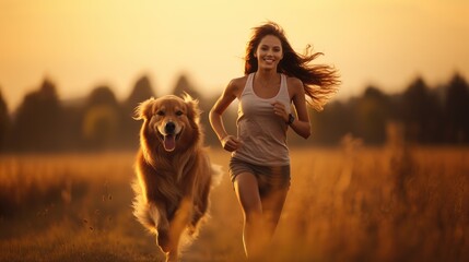 Obraz premium happy golden retriever dog is running with the woman, the owner for exercise in the morning sunrise.