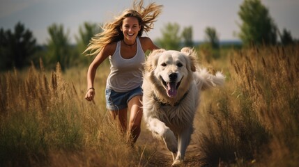 happy golden retriever dog is running with the woman, the owner for exercise in the morning sunrise.