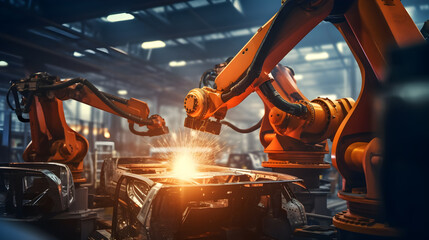 Industrial robots arm are welding automotive part in car factory