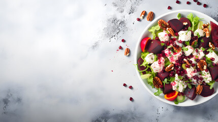 Fresh Salad with Beetroot, Feta Cheese, and Pecans, Healthy Vegetarian Meal on Grey Background
