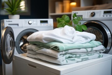 Clean clothes on the washing machine in the laundry room. Space for text