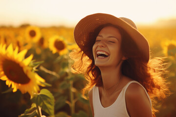 Beautiful young smiling woman with brown hair, wearing a sun hat, in a field of sunflowers with the sun behind her. 
