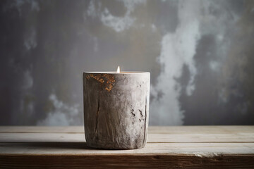A concrete candle holder placed on a rustic wooden table, creating a minimalist and cozy ambiance with candlelight.