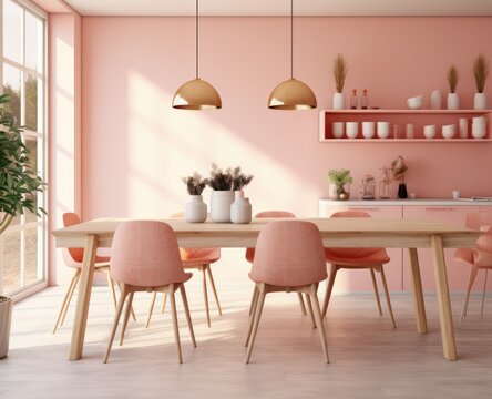 This vibrant pink dining room creates a cozy, inviting atmosphere with its stylish furniture, artistic wall designs, and comfortable chairs, perfect for creating lasting memories with family and frie