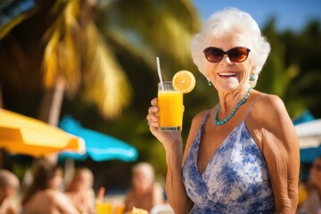 senior woman drinking orange juice on beach