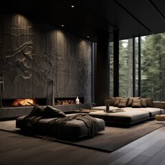In the cozy, inviting room illuminated by natural light streaming in from the large windows, the comfortable furniture, crackling fireplace, and decorative pillows create an inviting ambiance perfect