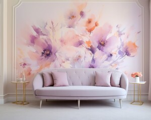 A cozy loveseat, adorned with colorful pillows and adorned with a vase of flowers, invites one to relax and take in the beauty of the painted wallpaper in the room