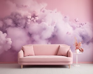 The cozy pink couch in the room with a beautiful wall mural of fluffy white clouds creates a warm and inviting atmosphere, perfect for a peaceful moment of relaxation