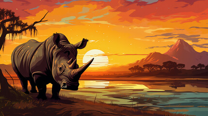rhino in the sunset, wallpaper, landscape, vector, art, animal