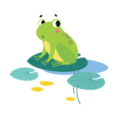 Happy Green Frog with Protruding Eyes Sitting on Pad Vector Illustration