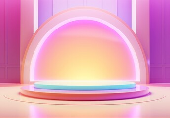 The magenta, violet, and pink hues of the indoor wall illuminated by a single light in the center of the round podium create a dreamy atmosphere of surreal beauty