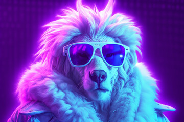 Portrait of a white lion with sunglasses neon light on a purple background