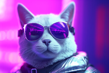 Portrait of white cat with purple sunglasses in neon light. Toned.