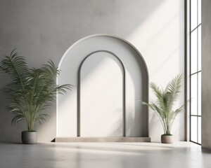 Fototapeta premium The stark white wall and arch provide a stunning backdrop for the vibrant houseplants, creating a lively contrast that invites viewers to explore the beauty of nature indoors