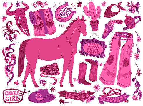 Set on the theme of women in the wild west. Cowgirl accessories and attributes. Bright pink shades and fashionable style. Barbiecore and lettering. Vector illustration isolated on a dark background.