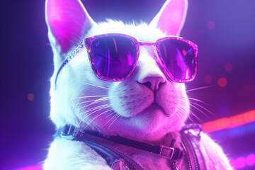 Portrait of white cat with purple sunglasses in neon light. Toned.