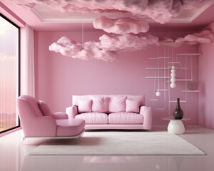 A vibrant pink room filled with plush furniture and fluffy clouds creates a dreamy atmosphere, perfect for snuggling up on the loveseat with a cushion and a vase of flowers
