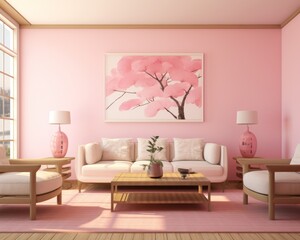 This living room exudes a bright and cozy atmosphere, with its plush furniture, vibrant pink wallpaper, and stylish accent pieces like the vase and lampshade adding a touch of elegance to the design