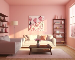 This cozy living room, with its pink walls and modern furniture, is the perfect space for relaxing and spending time with family in the comfort of one's own home