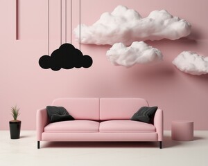 A cozy and stylish living room featuring a pink couch, black pillows, a vase, and a black and white cloud mural, creating a dreamy and inviting atmosphere