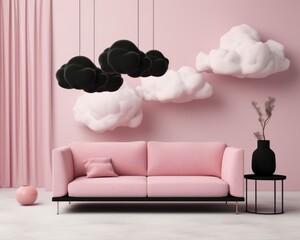 This vibrant pink couch, adorned with fluffy cushions and pillows, stands out against a stark wall adorned with a vase and adorned with whimsical black and white clouds, creating a captivating and st