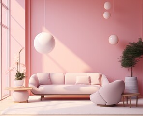 A pink living room with a cozy couch, vibrant houseplant, and tasteful decor invites guests to relax and enjoy the beauty of nature inside the home