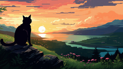 cat in the sunset, wallpaper, landscape, vector, art, animal, novel - obrazy, fototapety, plakaty