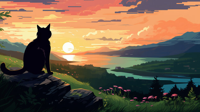 cat in the sunset, wallpaper, landscape, vector, art, animal, novel