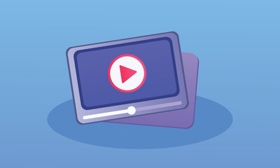 Social media plays video. Red round play button for starting multimedia.on blue background.Vector Design Illustration.