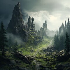 Paysage de Fantasy, montagnes et forêt de sapin au milieu des brumes et ruines sur un rocher - obrazy, fototapety, plakaty