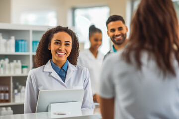 A smiling clinic secretary welcomes a client at the counter.
