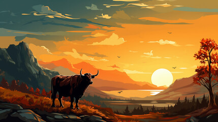 sunset in the mountains, swamp, bull in the desert, wallpaper, landscape, vector, art, animal