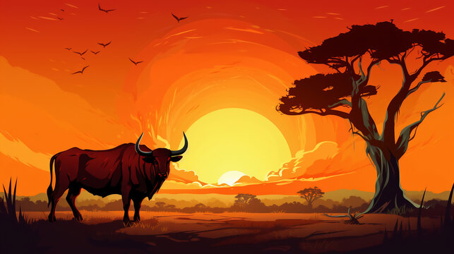 bull in the desert, wallpaper, landscape, vector, art, animal