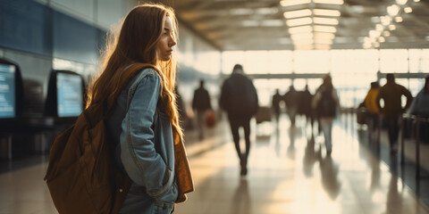 woman travelling person with backpack walking in a busy airport