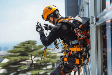 An operator hangs down outside a building secured with ropes.
