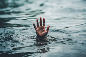 A desperate hand in the water looking for help. Person under water waving for help. - obrazy, fototapety, plakaty