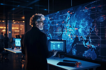 Side view of mature businessman using computer at night in office. Technology concept.