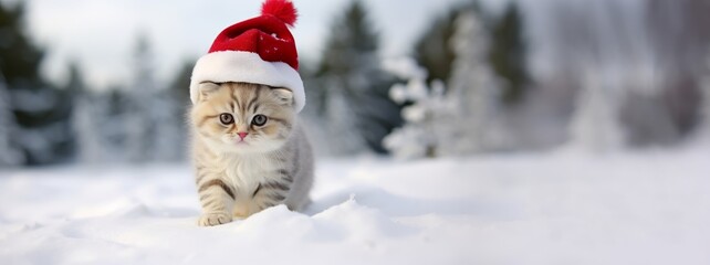 kitten with santa claus hat sitting in the snow - obrazy, fototapety, plakaty