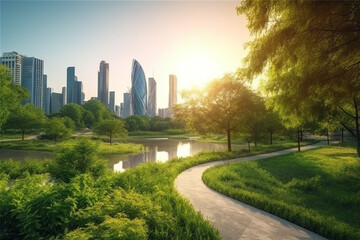 City park with skyscrapers and green grass. 3d rendering
