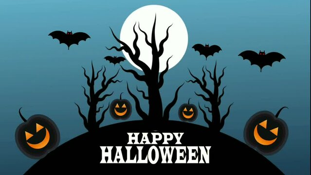 Happy Halloween background animation with pumpkins, bats and scary on night Forest. full white moon. Motion graphic design. 4K, HD loop footage.