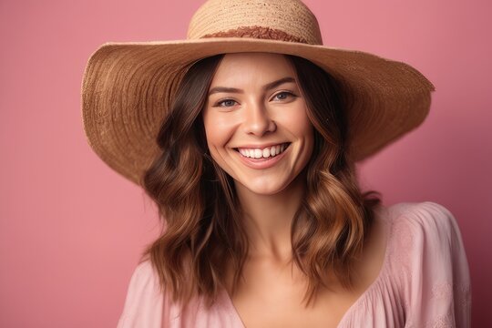 portrait of a woman in a hat on pink background