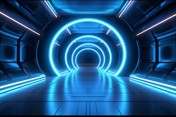 3D abstract background with neon lights. neon tunnel.space construction. 3d illustration