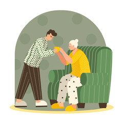 Old woman sitting on chair, young man standing near and giving cup of hot tea. Care of elderly people concept. Vector flat illustration in green colors in cartoon style