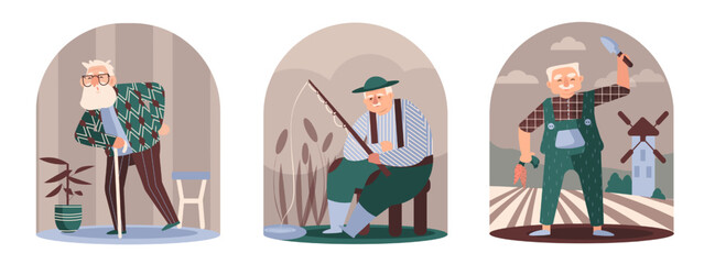 Active old man standing at home with cane. Male sitting near river and fishing. Farmer in uniform holding instrument and working on field. Vector flat illustration in brown and green colors