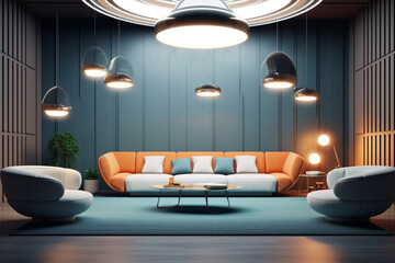 Modern interior living room furniture with neon lights