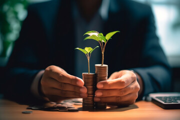 Businessman holding a small plant in a pot. Concept of new life.