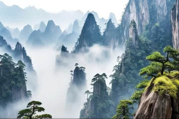 Foto op Canvas europa heaven UNESCO fairy landscape asian Site fog Yellow World consecrate Heritage China Landscape background Huangshan Mount beautiful Anhui fairyland Located fa Mountains Huangshan china tale © sandra